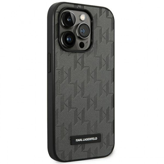 Karl Lagerfeld iPhone 14 Pro Max - Saffiano Mono Metal Logo Σκληρή Θήκη με Επένδυση Συνθετικού Δέρματος και Πλαίσιο Σιλικόνης - Grey - KLHCP14XSAKLHPG