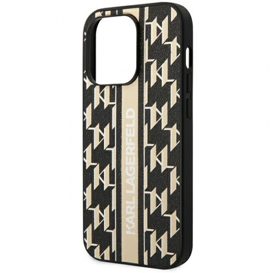 Karl Lagerfeld iPhone 14 Pro Max - Monogram Stripe Σκληρή Θήκη με Επένδυση Συνθετικού Δέρματος και Πλαίσιο Σιλικόνης - Brown - KLHCP14XPGKLSKW