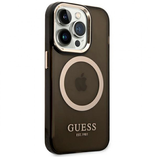 Guess iPhone 14 Pro Gold Outline Translucent MagSafe Σκληρή Θήκη με Πλαίσιο Σιλικόνης και MagSafe - Black - GUHMP14LHTCMK