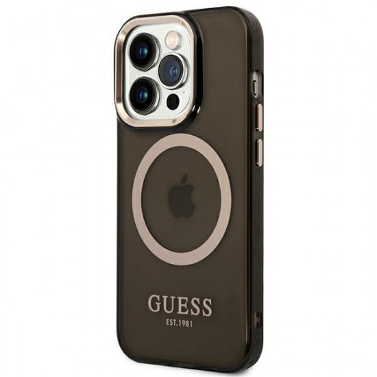 Guess iPhone 14 Pro Gold Outline Translucent MagSafe Σκληρή Θήκη με Πλαίσιο Σιλικόνης και MagSafe - Black - GUHMP14LHTCMK