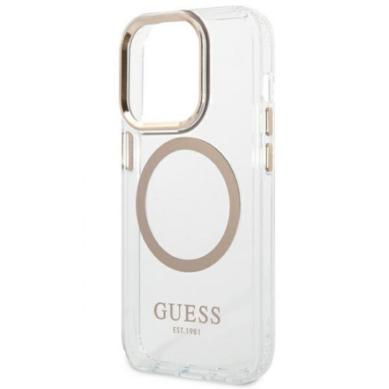 Guess iPhone 14 Pro Metal Outline MagSafe Σκληρή Θήκη με Πλαίσιο Σιλικόνης και MagSafe - Gold / Clear - GUHMP14LHTRMD