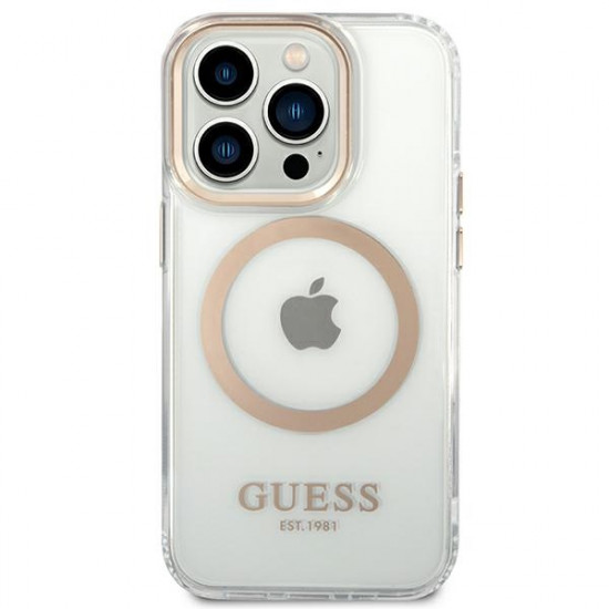 Guess iPhone 14 Pro Metal Outline MagSafe Σκληρή Θήκη με Πλαίσιο Σιλικόνης και MagSafe - Gold / Clear - GUHMP14LHTRMD