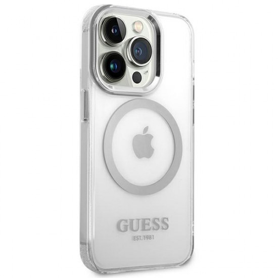 Guess iPhone 14 Pro Metal Outline MagSafe Σκληρή Θήκη με Πλαίσιο Σιλικόνης και MagSafe - Silver / Clear - GUHMP14LHTRMS