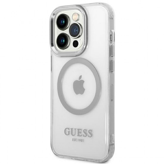 Guess iPhone 14 Pro Metal Outline MagSafe Σκληρή Θήκη με Πλαίσιο Σιλικόνης και MagSafe - Silver / Clear - GUHMP14LHTRMS