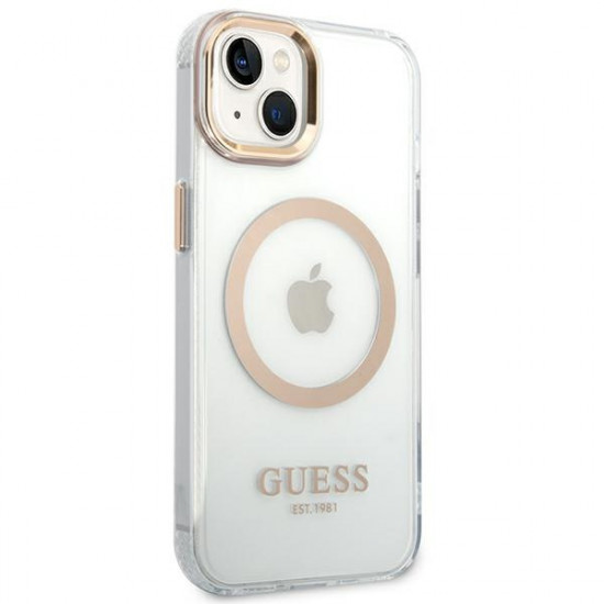 Guess iPhone 14 Plus Metal Outline MagSafe Σκληρή Θήκη με Πλαίσιο Σιλικόνης και MagSafe - Gold / Clear - GUHMP14MHTRMD