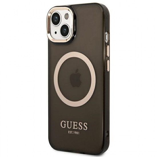 Guess iPhone 14 Gold Outline Translucent MagSafe Σκληρή Θήκη με Πλαίσιο Σιλικόνης και MagSafe - Black - GUHMP14SHTCMK