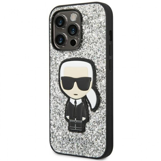 Karl Lagerfeld iPhone 14 Pro - Glitter Flakes Ikonik Σκληρή Θήκη με Πλαίσιο Σιλικόνης - Silver - KLHCP14LGFKPG