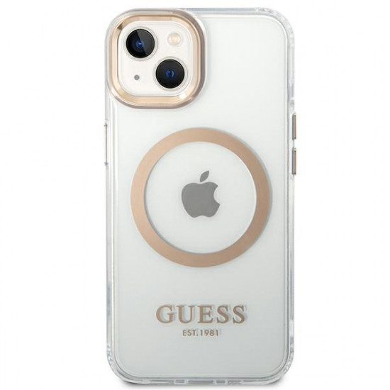 Guess iPhone 14 Metal Outline MagSafe Σκληρή Θήκη με Πλαίσιο Σιλικόνης και MagSafe - Gold / Clear - GUHMP14SHTRMD
