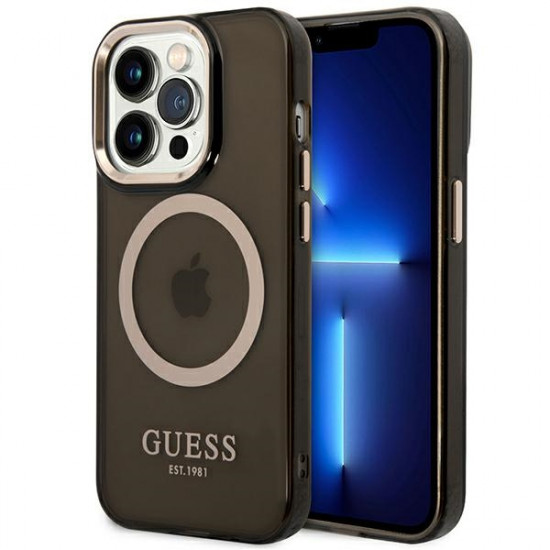 Guess iPhone 14 Pro Max Gold Outline Translucent MagSafe Σκληρή Θήκη με Πλαίσιο Σιλικόνης και MagSafe - Black - GUHMP14XHTCMK
