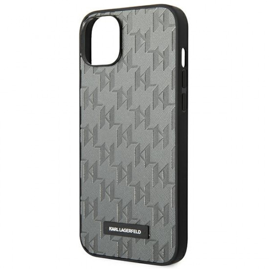 Karl Lagerfeld iPhone 14 - Saffiano Mono Metal Logo Σκληρή Θήκη με Επένδυση Συνθετικού Δέρματος και Πλαίσιο Σιλικόνης - Grey - KLHCP14SSAKLHPG