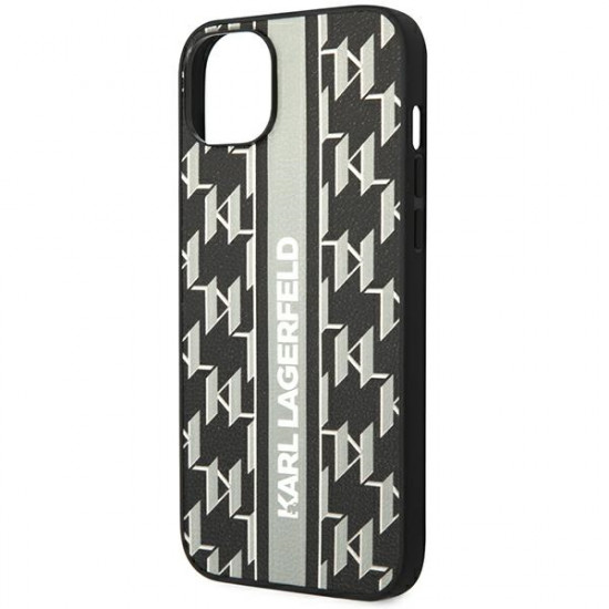 Karl Lagerfeld iPhone 14 - Monogram Stripe Σκληρή Θήκη με Επένδυση Συνθετικού Δέρματος και Πλαίσιο Σιλικόνης - Grey - KLHCP14SPGKLSKG