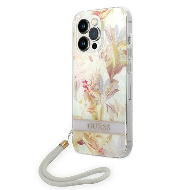 Guess iPhone 14 Pro Flower Strap Σκληρή Θήκη με Πλαίσιο Σιλικόνης και Λουράκι - Purple - GUOHCP14LHFLSU