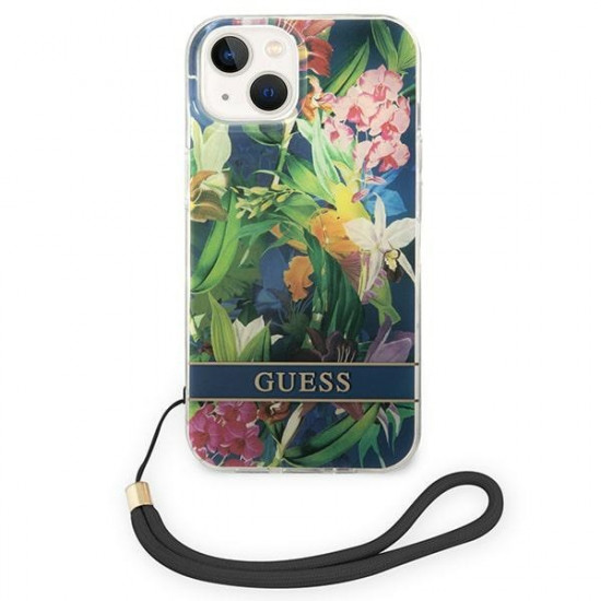 Guess iPhone 14 Plus Flower Strap Σκληρή Θήκη με Πλαίσιο Σιλικόνης και Λουράκι - Blue - GUOHCP14MHFLSB
