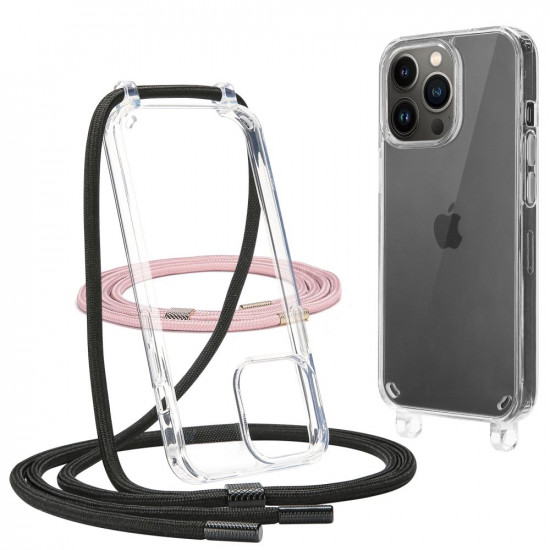 Tech-Protect iPhone 13 Pro Flexair Chain Σκληρή Θήκη με Πλαίσιο Σιλικόνης και 2 Λουράκια - Διάφανη - Pink / Black