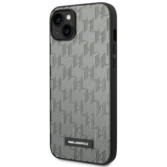 Karl Lagerfeld iPhone 14 Plus - Saffiano Mono Metal Logo Σκληρή Θήκη με Επένδυση Συνθετικού Δέρματος και Πλαίσιο Σιλικόνης - Grey - KLHCP14MSAKLHPG