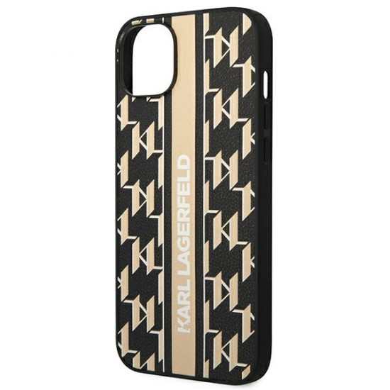 Karl Lagerfeld iPhone 14 Plus - Monogram Stripe Σκληρή Θήκη με Επένδυση Συνθετικού Δέρματος και Πλαίσιο Σιλικόνης - Brown - KLHCP14MPGKLSKW