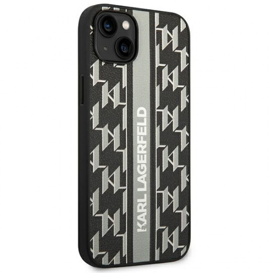 Karl Lagerfeld iPhone 14 Plus - Monogram Stripe Σκληρή Θήκη με Επένδυση Συνθετικού Δέρματος και Πλαίσιο Σιλικόνης - Grey - KLHCP14MPGKLSKG