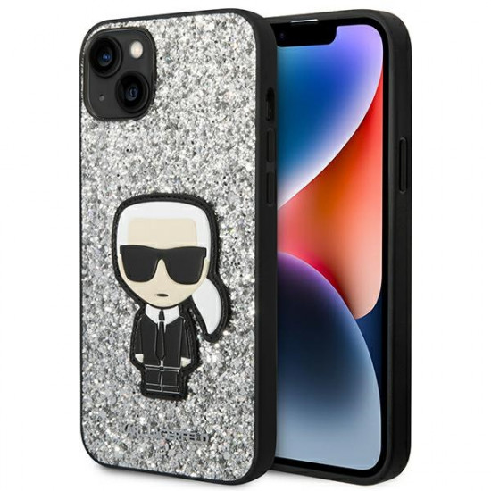 Karl Lagerfeld iPhone 14 Plus - Glitter Flakes Ikonik Σκληρή Θήκη με Πλαίσιο Σιλικόνης - Silver - KLHCP14MGFKPG