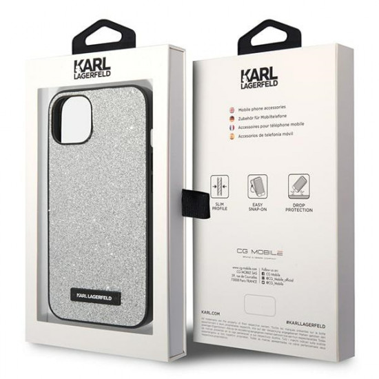 Karl Lagerfeld iPhone 14 Plus - Glitter Plaque Logo Σκληρή Θήκη με Πλαίσιο Σιλικόνης - Silver - KLHCP14MG2ELS