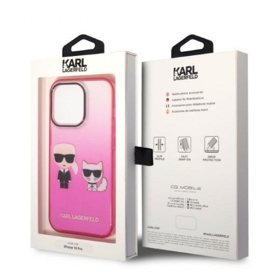 Karl Lagerfeld iPhone 14 Pro - Gradient Ikonik Karl and Choupette Σκληρή Θήκη με Πλαίσιο Σιλικόνης - Pink - KLHCP14LTGKCP