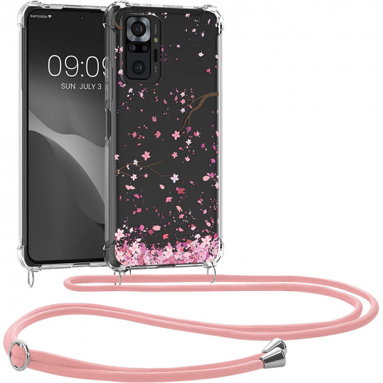 KW Xiaomi Redmi Note 10 Pro Θήκη Σιλικόνης TPU με Λουράκι Design Cherry Blossom Petals - Pink / Dark Brown  - Διάφανη - 56529.03