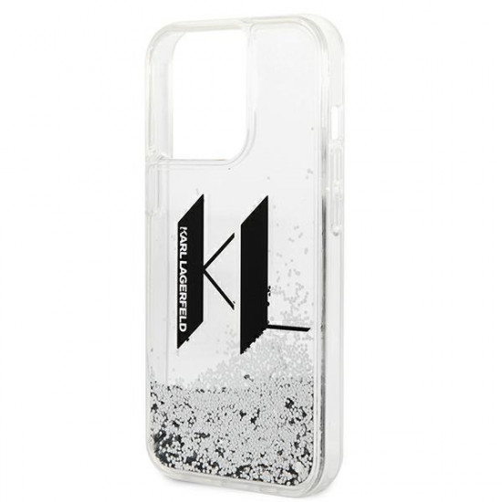 Karl Lagerfeld iPhone 14 Pro Max - Liquid Glitter Big KL Σκληρή Θήκη με Πλαίσιο Σιλικόνης - Διάφανη / Silver - KLHCP14XLBKLCS