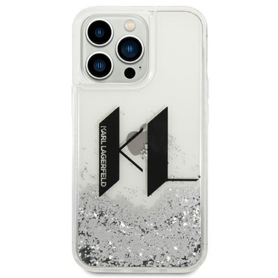 Karl Lagerfeld iPhone 14 Pro Max - Liquid Glitter Big KL Σκληρή Θήκη με Πλαίσιο Σιλικόνης - Διάφανη / Silver - KLHCP14XLBKLCS