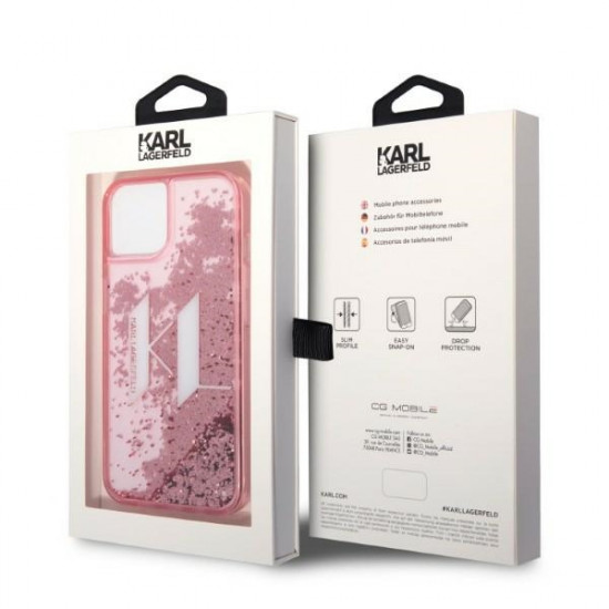 Karl Lagerfeld iPhone 14 - Liquid Glitter Big KL Σκληρή Θήκη με Πλαίσιο Σιλικόνης - Διάφανη / Pink - KLHCP14SLBKLCP