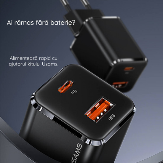 Usams Travel Charger Kit 33W Οικιακός Φορτιστής με 1 Θύρα Type-C και 1 Θύρα USB και καλώδιο Type-C to Lightning 20W - Black - USKTZ01
