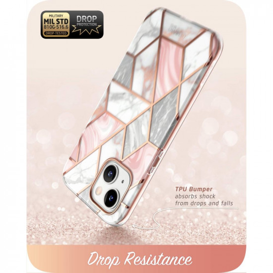 i-Blason iPhone 13 / iPhone 14 Cosmo Σκληρή Θήκη με Πλαίσιο Σιλικόνης και Προστασία Οθόνης - Marble Pink