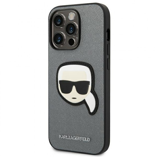 Karl Lagerfeld iPhone 14 Pro - Saffiano Karl's Head Patch Σκληρή Θήκη με Επένδυση Συνθετικού Δέρματος και Πλαίσιο Σιλικόνης - Silver - KLHCP14LSAPKHG