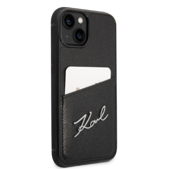 Karl Lagerfeld iPhone 14 Plus - Signature Logo Σκληρή Θήκη με Επένδυση Συνθετικού Δέρματος και Πλαίσιο Σιλικόνης - Black - KLHCP14MCSSK