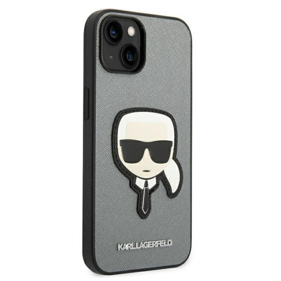 Karl Lagerfeld iPhone 14 Plus - Saffiano Karl's Head Patch Σκληρή Θήκη με Επένδυση Συνθετικού Δέρματος και Πλαίσιο Σιλικόνης - Silver - KLHCP14MSAPKHG