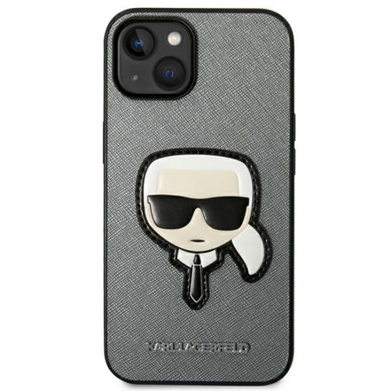 Karl Lagerfeld iPhone 14 - Saffiano Karl's Head Patch Σκληρή Θήκη με Επένδυση Συνθετικού Δέρματος και Πλαίσιο Σιλικόνης - Silver - KLHCP14SSAPKHG