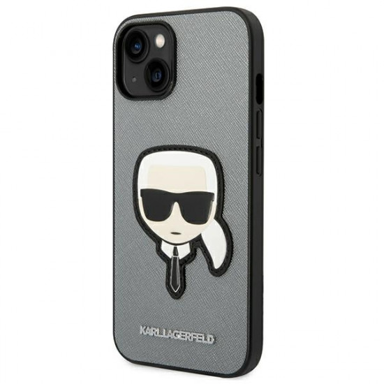 Karl Lagerfeld iPhone 14 - Saffiano Karl's Head Patch Σκληρή Θήκη με Επένδυση Συνθετικού Δέρματος και Πλαίσιο Σιλικόνης - Silver - KLHCP14SSAPKHG