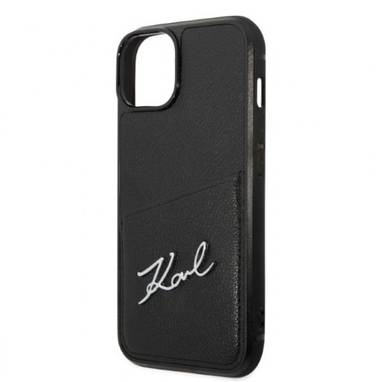Karl Lagerfeld iPhone 14 - Signature Logo Σκληρή Θήκη με Επένδυση Συνθετικού Δέρματος και Πλαίσιο Σιλικόνης - Black - KLHCP14SCSSK