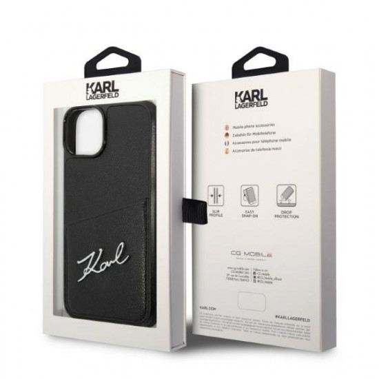 Karl Lagerfeld iPhone 14 - Signature Logo Σκληρή Θήκη με Επένδυση Συνθετικού Δέρματος και Πλαίσιο Σιλικόνης - Black - KLHCP14SCSSK