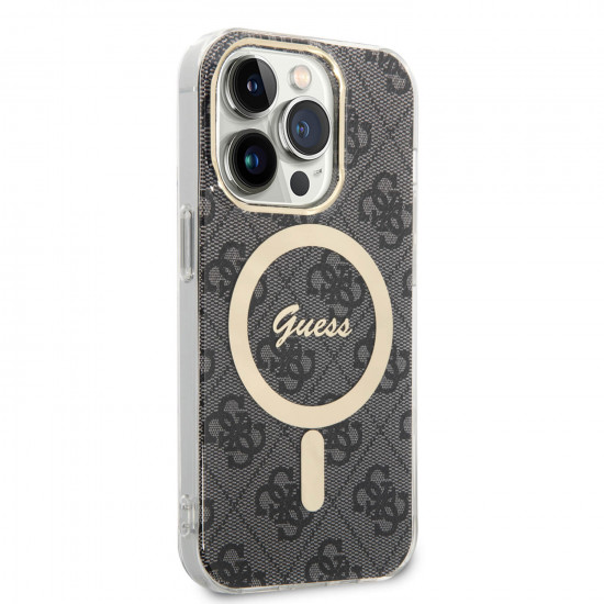 Guess iPhone 14 Pro - Bundle Pack MagSafe - Σετ Σκληρή Θήκη με Επένδυση Συνθετικού Δέρματος και Ασύρματος Φορτιστής MagSafe - Design 4G and Gold - Black - GUBPP14LH4EACSK