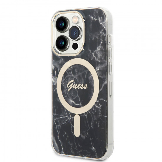 Guess iPhone 14 Pro Max - Bundle Pack MagSafe - Σετ Σκληρή Θήκη με Πλαίσιο Σιλικόνης και Ασύρματος Φορτιστής MagSafe - Design Marble and Gold - Black - GUBPP14XHMEACSK