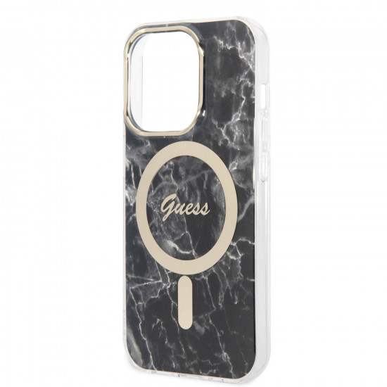 Guess iPhone 14 Pro - Bundle Pack MagSafe - Σετ Σκληρή Θήκη με Πλαίσιο Σιλικόνης και Ασύρματος Φορτιστής MagSafe - Design Marble and Gold - Black - GUBPP14LHMEACSK