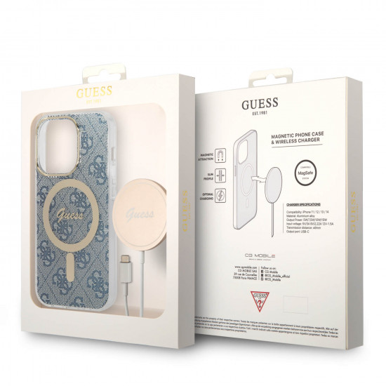 Guess iPhone 14 Pro - Bundle Pack MagSafe - Σετ Σκληρή Θήκη με Επένδυση Συνθετικού Δέρματος και Ασύρματος Φορτιστής MagSafe - Design 4G and Gold - Blue - GUBPP14LH4EACSB