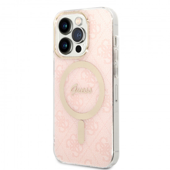 Guess iPhone 14 Pro - Bundle Pack MagSafe - Σετ Σκληρή Θήκη με Επένδυση Συνθετικού Δέρματος και Ασύρματος Φορτιστής MagSafe - Design 4G and Gold - Pink - GUBPP14LH4EACSP