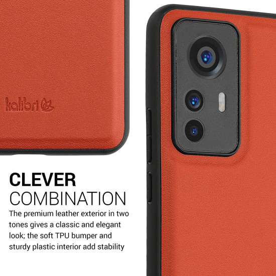 Kalibri Xiaomi 12T / 12T Pro Σκληρή Θήκη με Επένδυση Γνήσιου Δέρματος και Πλαίσιο Σιλικόνης - Orange - 60259.29