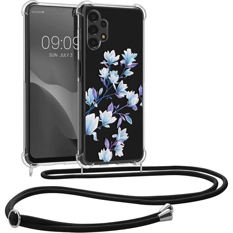 KW Samsung Galaxy A13 4G Θήκη Σιλικόνης TPU με Λουράκι Design Magnolias - Blue / Violet - Διάφανη - 58232.07
