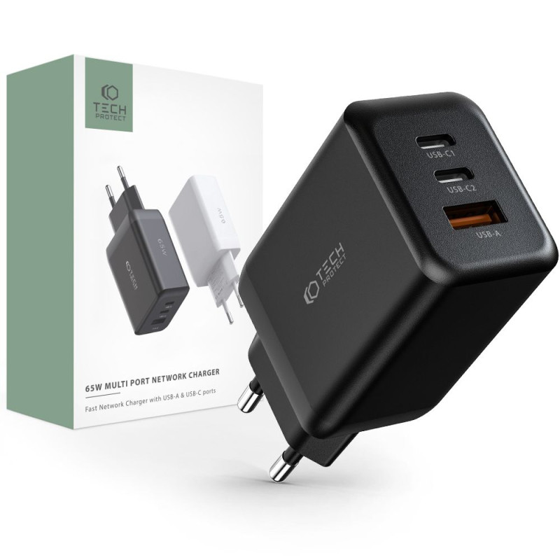 TECH-PROTECT C65W QC3.0 Οικιακός Φορτιστής Γρήγορης Φόρτισης με 2 Θύρες Type C και 1 Θύρα USB - Black