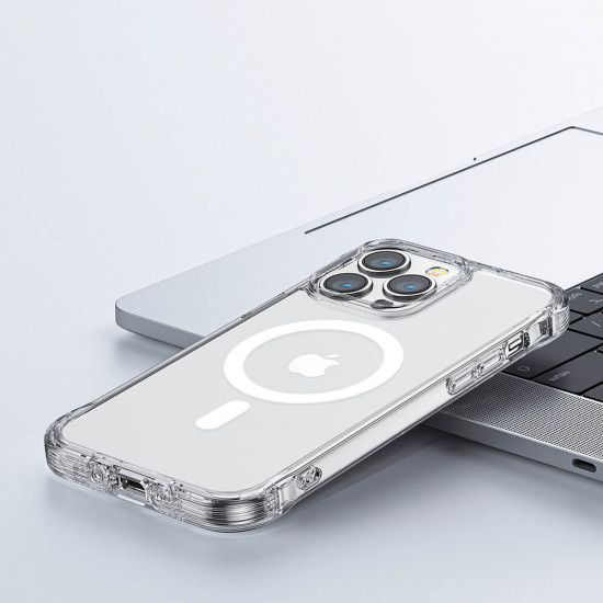 Joyroom iPhone 14 Pro Magnetic Defender Series Σκληρή Θήκη MagSafe με Πλαίσιο Σιλικόνης και Ενσωματωμένα Άγκιστρα Στήριξης - Διάφανη