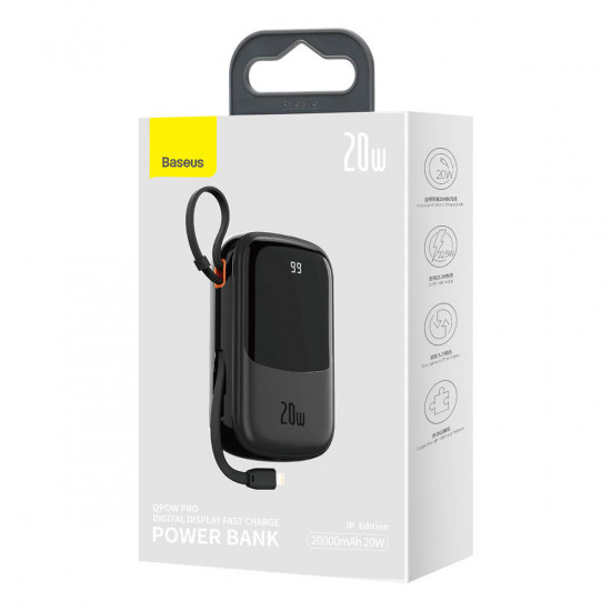 Baseus Qpow Digital 20W Power Bank 20000mAh με 1 Θύρα USB και 1 Θύρα Type-C και Ενσωματωμένο Καλώδιο Lightning - Βlack - PPQD060201