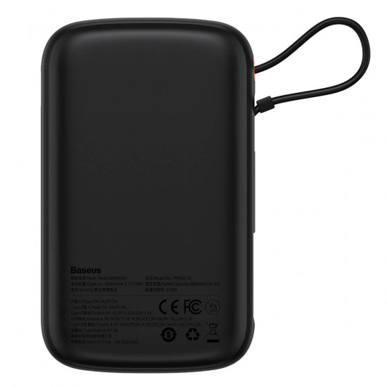 Baseus Qpow Digital 22.5W Power Bank 10000mAh με 1 Θύρα USB και 1 Θύρα Type-C και Ενσωματωμένο Καλώδιο Type-C - Βlack - PPQD060101