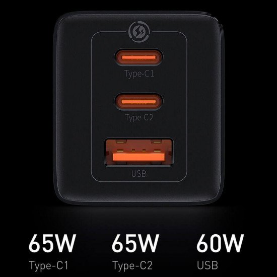 Baseus GaN3 Pro Fast Charger 65W Οικιακός Φορτιστής Γρήγορης Φόρτισης με 2 Θύρες Type-C και 1 Θύρα USB με Καλώδιο Type-C to Type-C - Black - CCGP050101