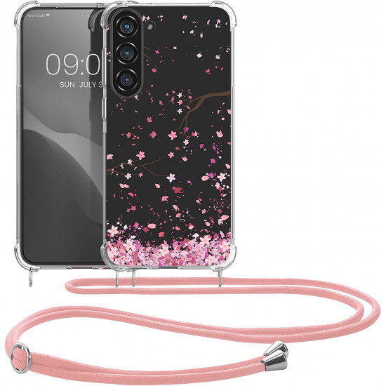 KW Samsung Galaxy S23+ Θήκη Σιλικόνης TPU με Λουράκι Design Cherry Blossoms - Pink / Dark Brown - Διάφανη - 60326.02